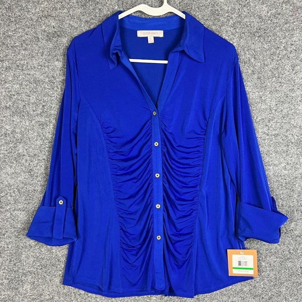 NWT $69 Ellen Tracy Royal Blue Ruched Front Top Blouse Size Large Buttons Down L